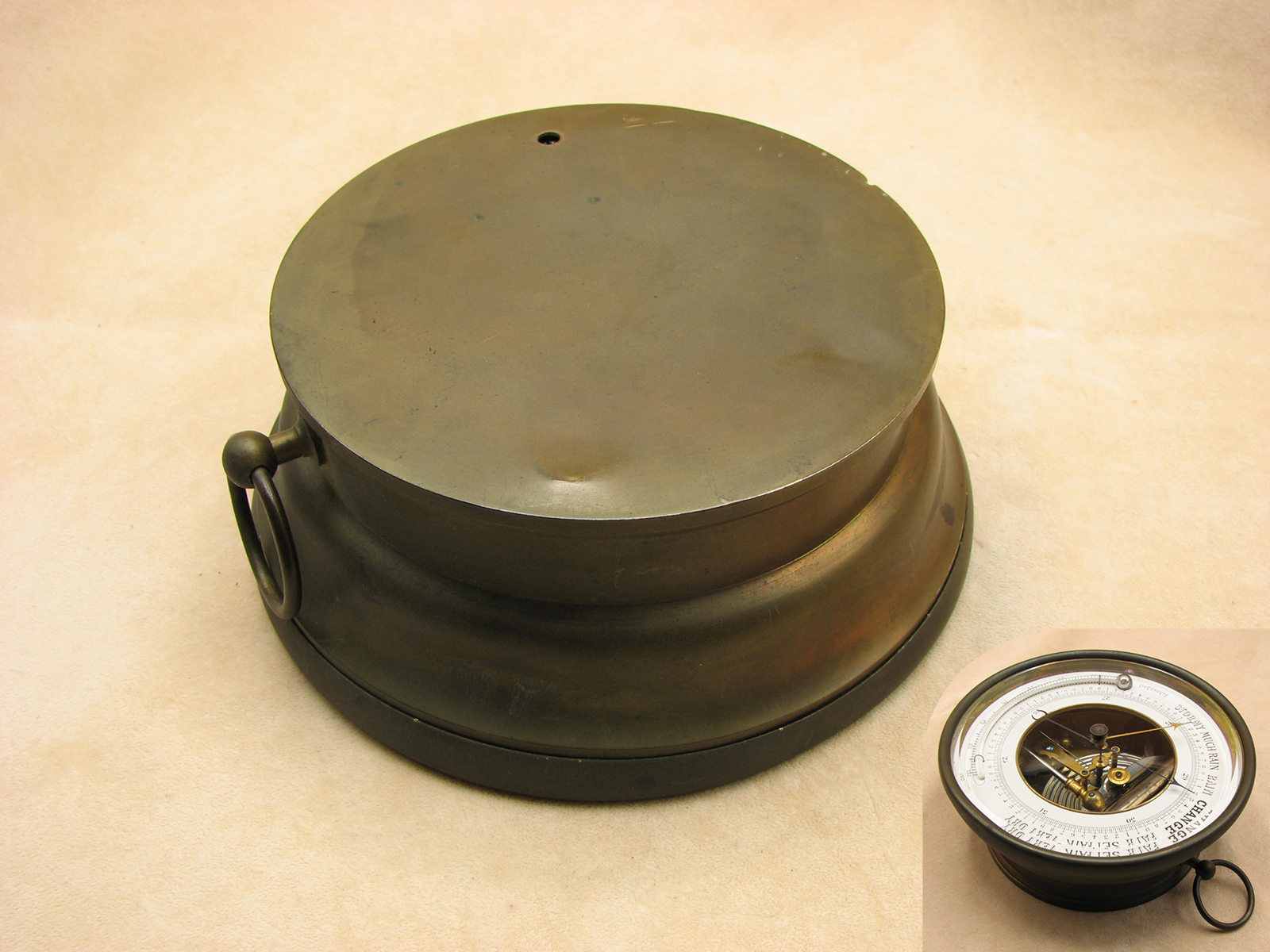 19th century aneroid barometer with curved thermometer